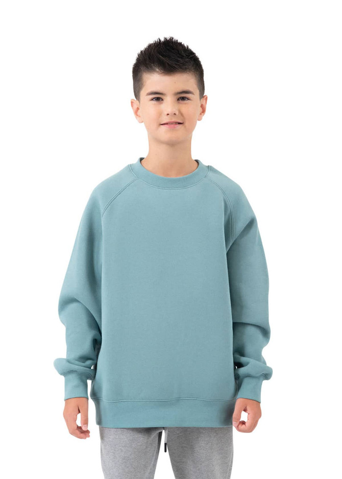 A boy wears a light teal cotton sweatshirt with a casual fit, complemented by grey sweatpants. The sweatshirt has a logo.
