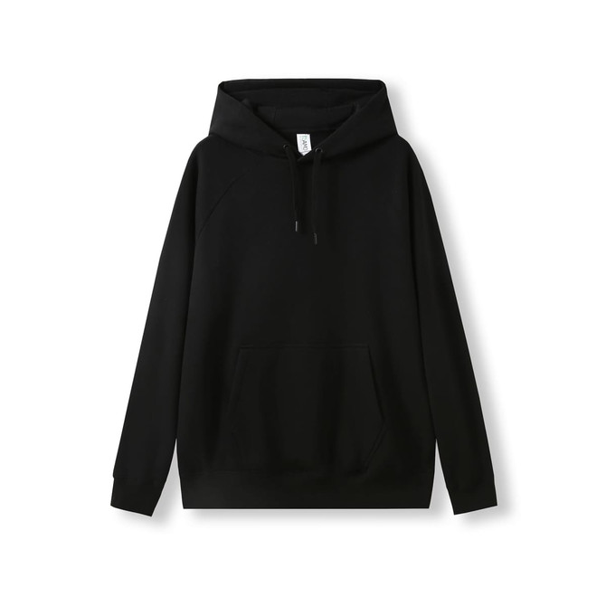 A black kangaroo hoodie with a front pocket and an adjustable hood, made from cotton.