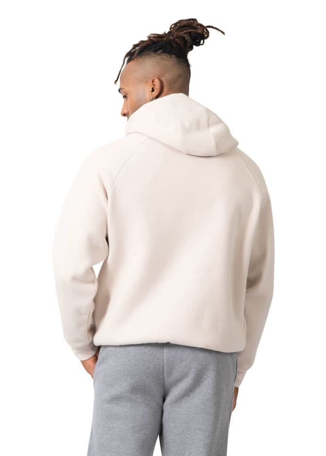 A men's kangaroo hoodie in cream with a hood, featuring a rounded back and a relaxed fit.