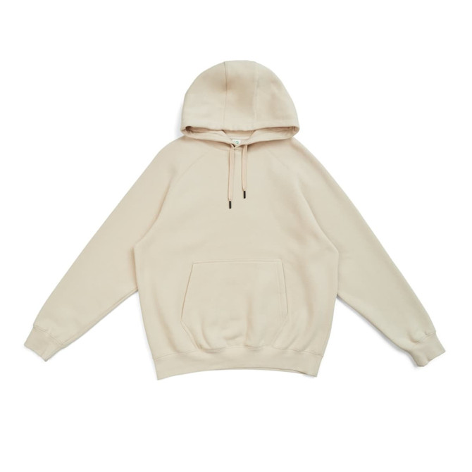 A beige kangaroo hoodie with a front pocket, drawstring hood, and long sleeves, featuring a logo.