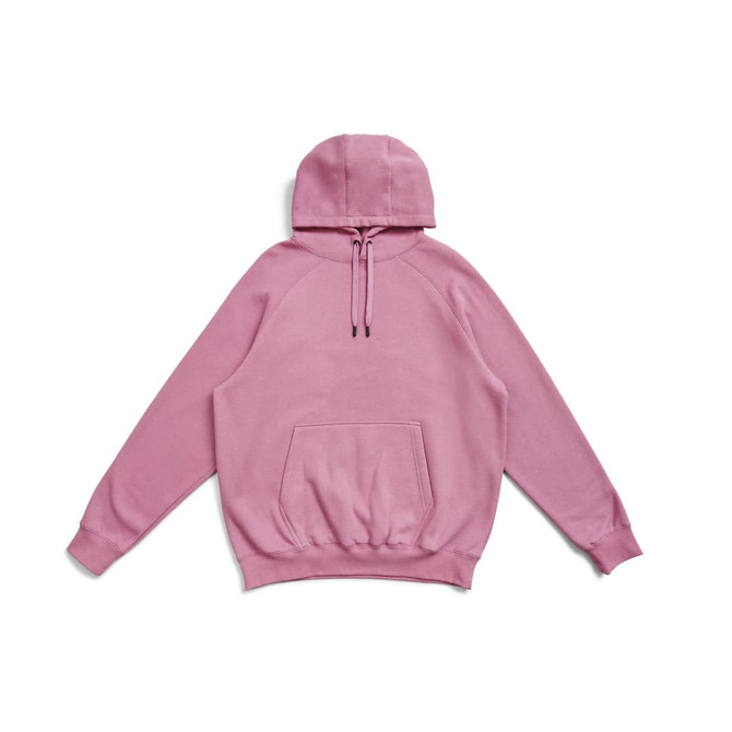 A pink kangaroo hoodie with a front pocket and an attached hood. It features a logo on the fabric.