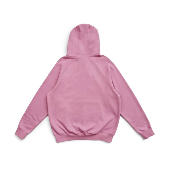 A pink kangaroo hoodie featuring a hood and ribbed cuffs, showcasing a simple design without visible branding.