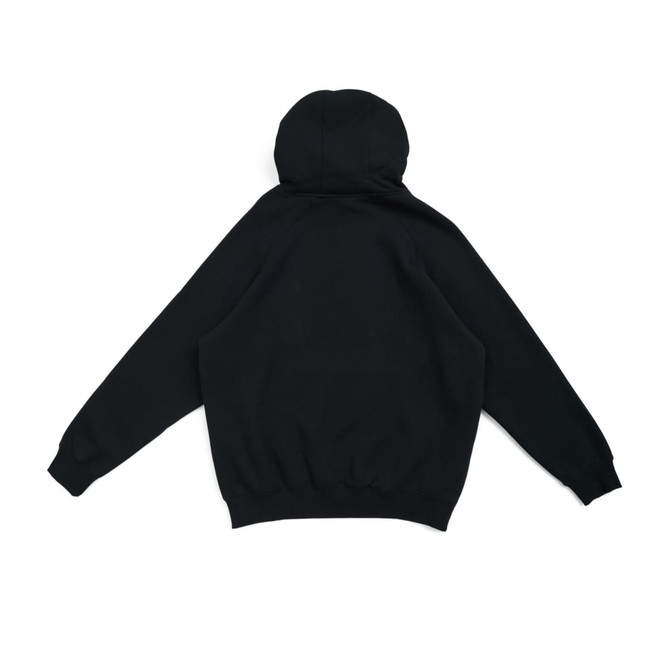 A black men's cotton hoodie with a kangaroo pocket and a spacious hood, featuring a logo on the front.