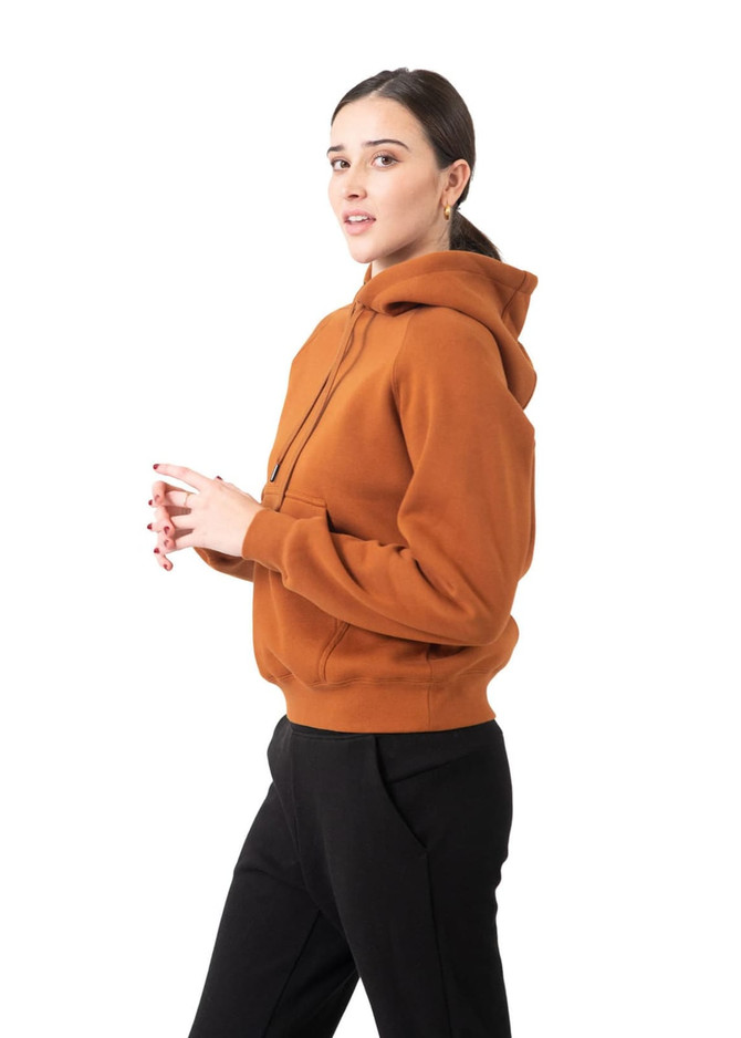 A women's junior cotton hoodie in a warm brown colour, featuring a kangaroo pocket and a hood, with branding visible.