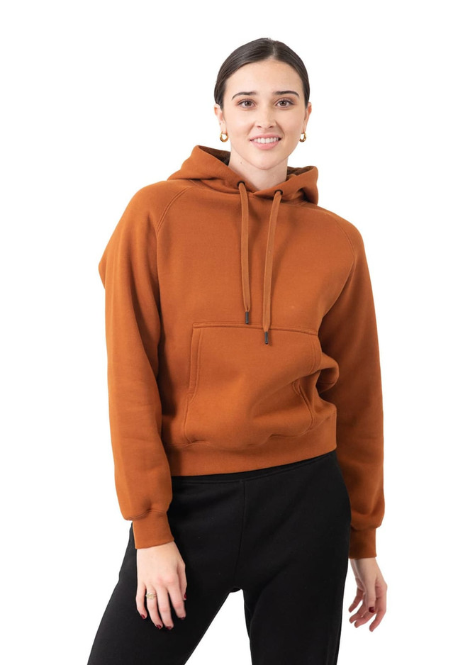 A women's junior kangaroo pocket hoodie in a rich brown colour, featuring a hood and relaxed fit.