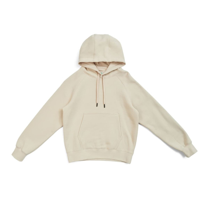 A beige women's junior cotton hoodie with a kangaroo pocket and drawstring hood. Prominent logo present.