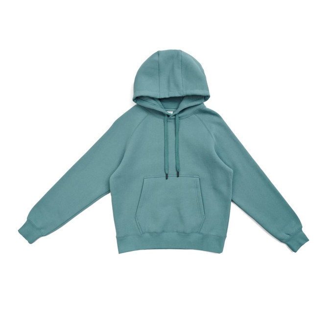 A teal women's cotton hoodie featuring a kangaroo pocket and a drawstring hood.