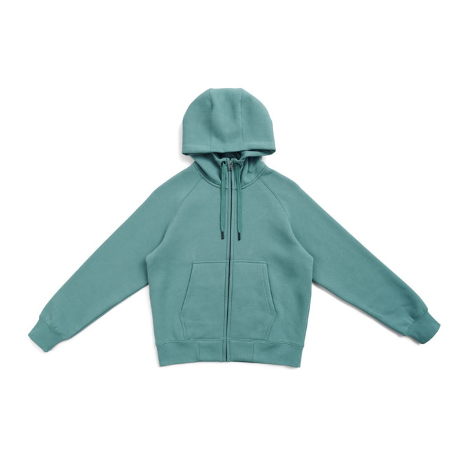 A teal zip-up hoodie with a kangaroo pocket and a hood, featuring a logo.