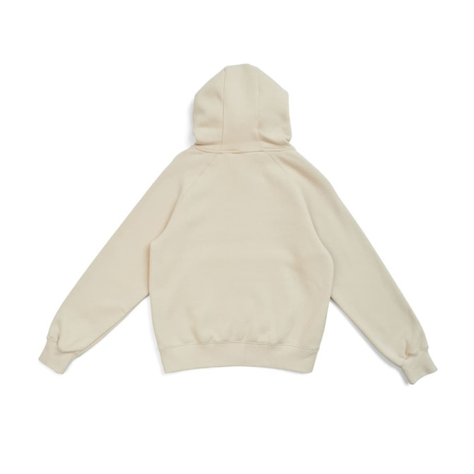 A cream-coloured women's cotton hoodie featuring a kangaroo pocket and a hood, with a branding logo.