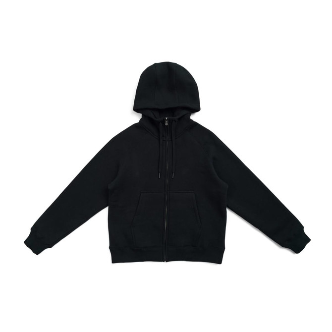 A black cotton zip-up hoodie with a kangaroo pocket and a hood, featuring long sleeves.