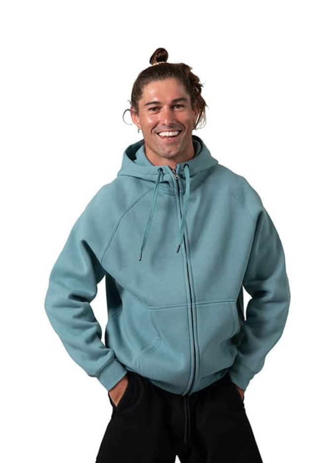 A man wearing a light teal zip-up hoodie with a kangaroo pocket and a casual smile.