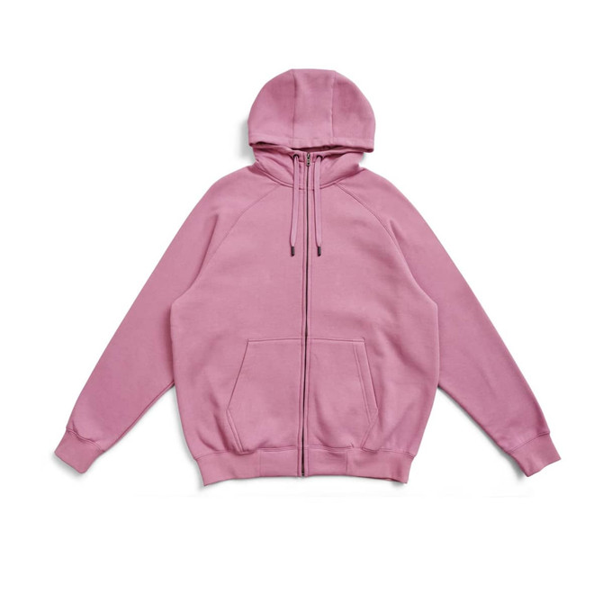 A pink men's cotton hoodie with a kangaroo pocket and zipper, featuring a hood and a logo.