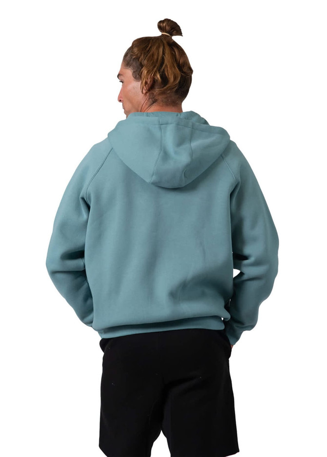 A light blue men's cotton hoodie with a kangaroo pocket and zip, paired with black shorts. It has a logo on it.