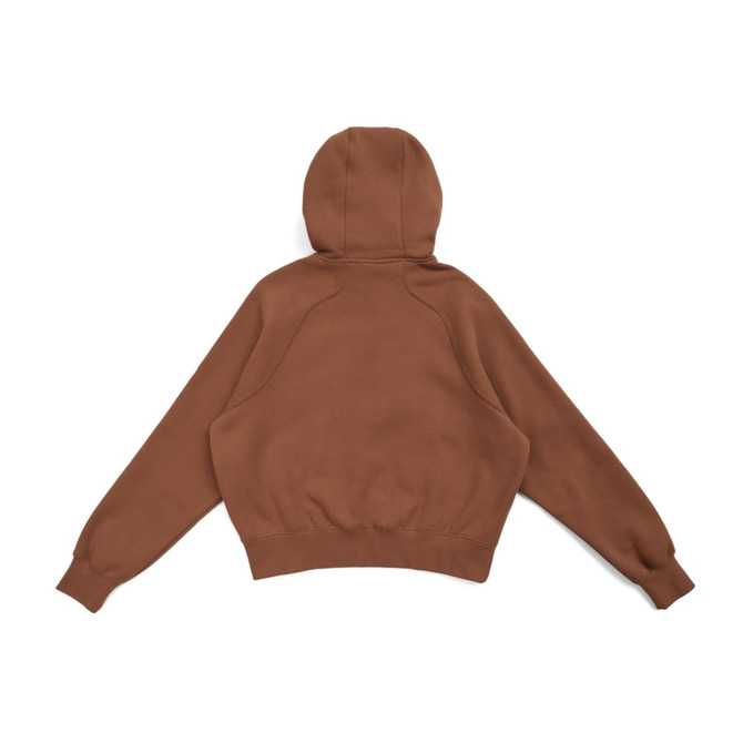A brown women's cotton half-zip jumper featuring a hood and a relaxed fit. It includes long sleeves and a ribbed hem.