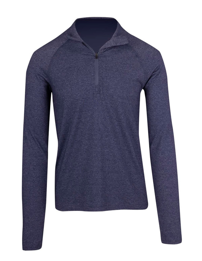 A navy blue men's half zip mock neck jumper with long sleeves and a subtle logo.