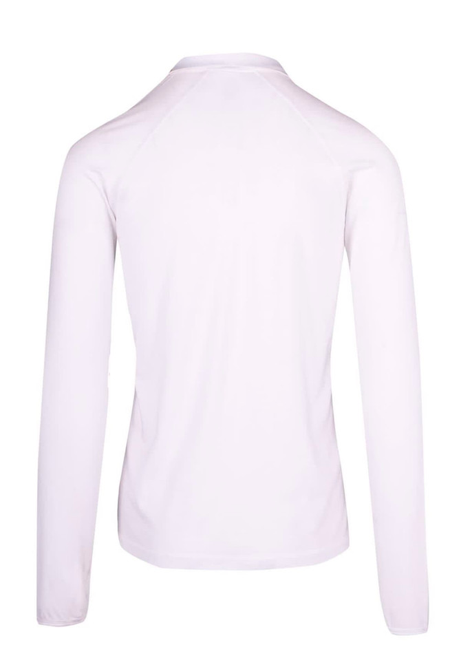 A white half zip mock neck jumper featuring long sleeves and a fitted design, with a discreet logo.