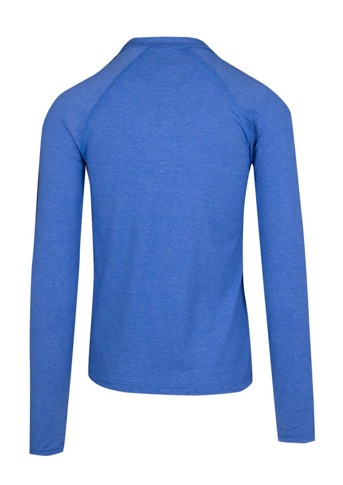 A blue half zip mock neck jumper with long sleeves and a simple design. Features a logo on the back.