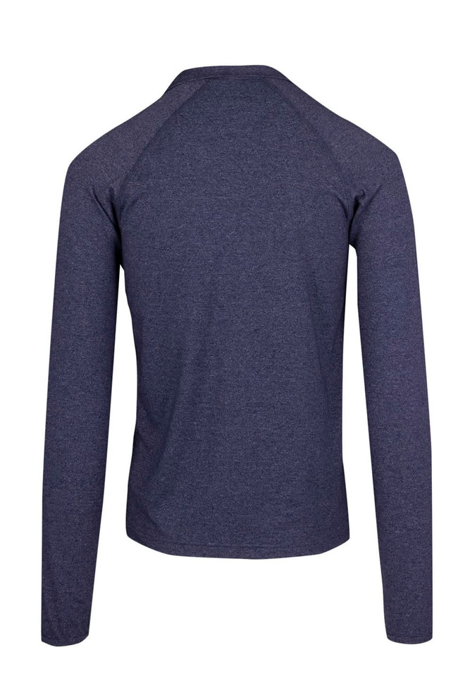 A navy blue half-zip mock neck jumper with long sleeves and a logo on the back.