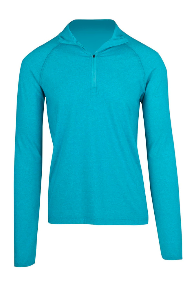 A turquoise half zip mock neck jumper with long sleeves, featuring a subtle texture and a logo.
