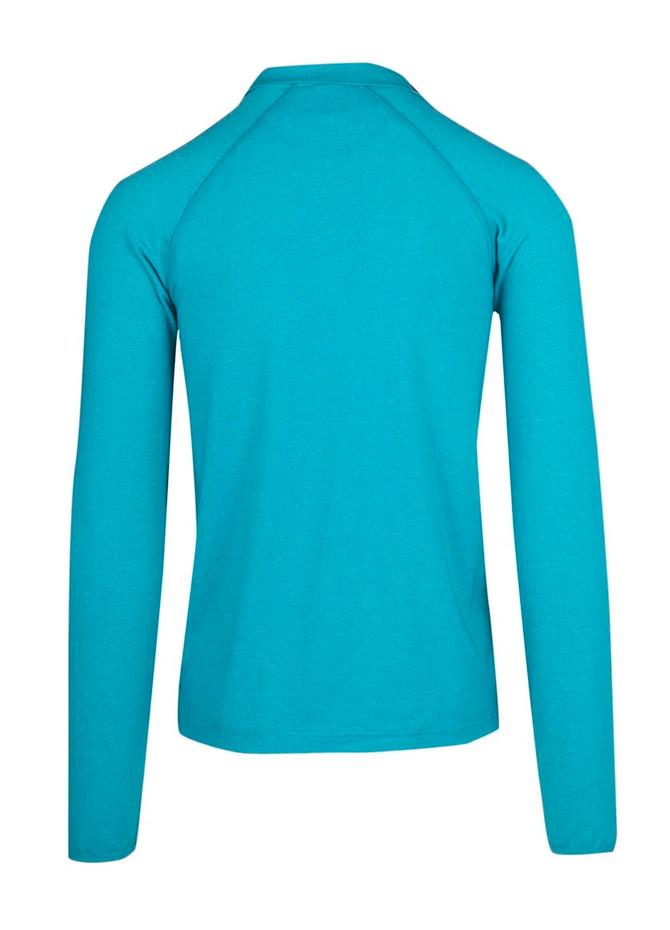 A half zip mock neck jumper in a vibrant turquoise colour, featuring long sleeves and a back view.