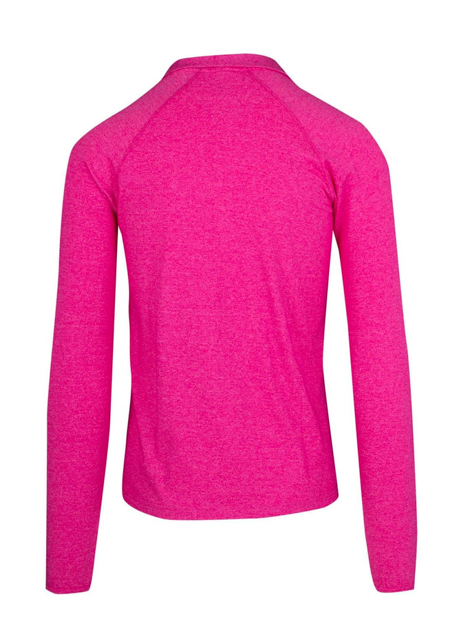 A pink half zip mock neck jumper featuring long sleeves and a back view design. Includes branding.