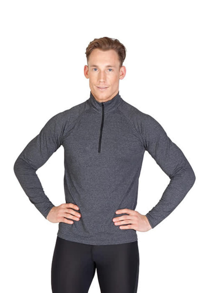 A grey half-zip mock neck jumper for men, featuring long sleeves and a fitted design. It has a logo on the chest.