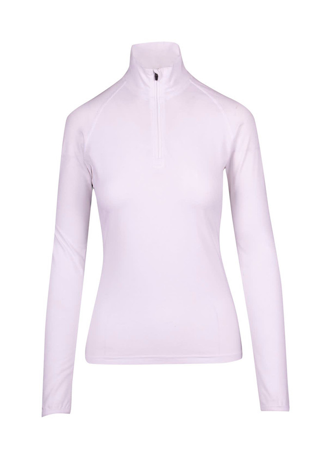 A white women's half zip mock neck shirt with long sleeves and a fitted design, featuring a logo.