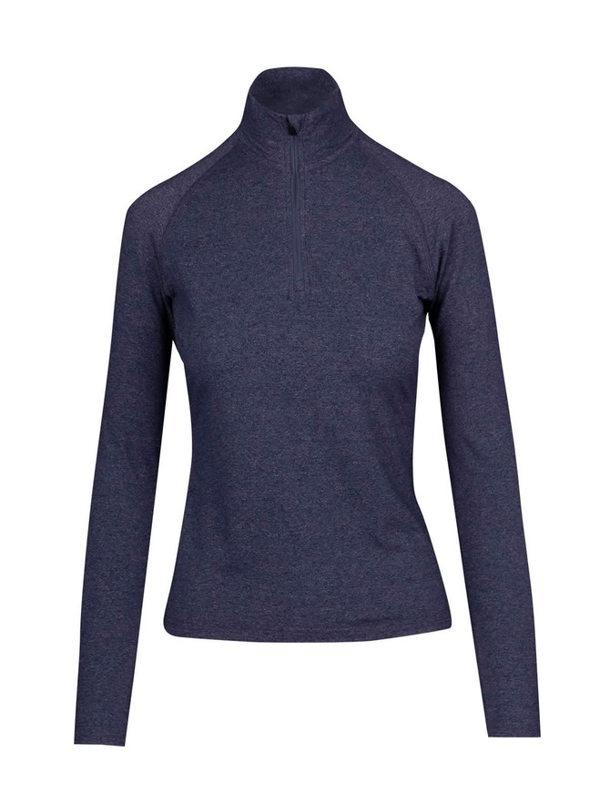 A navy half zip mock neck shirt with long sleeves and a fitted design, featuring a logo.