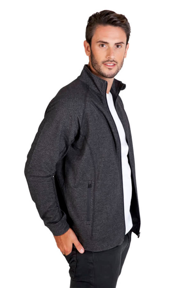 A dark grey heather jacket featuring a zip front and side pockets, modelled by a man in a white shirt.
