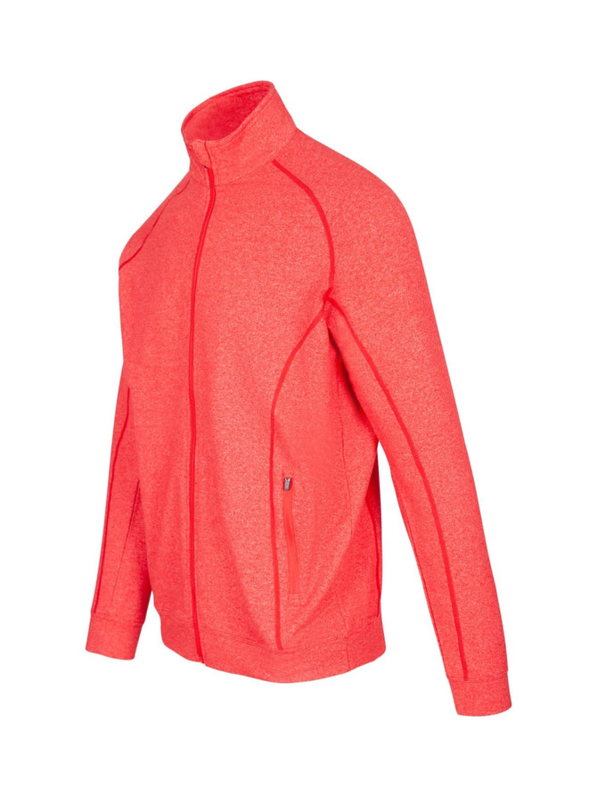 A bright heather red men's jacket featuring a full zip and zippered pockets, with a logo on the sleeve.