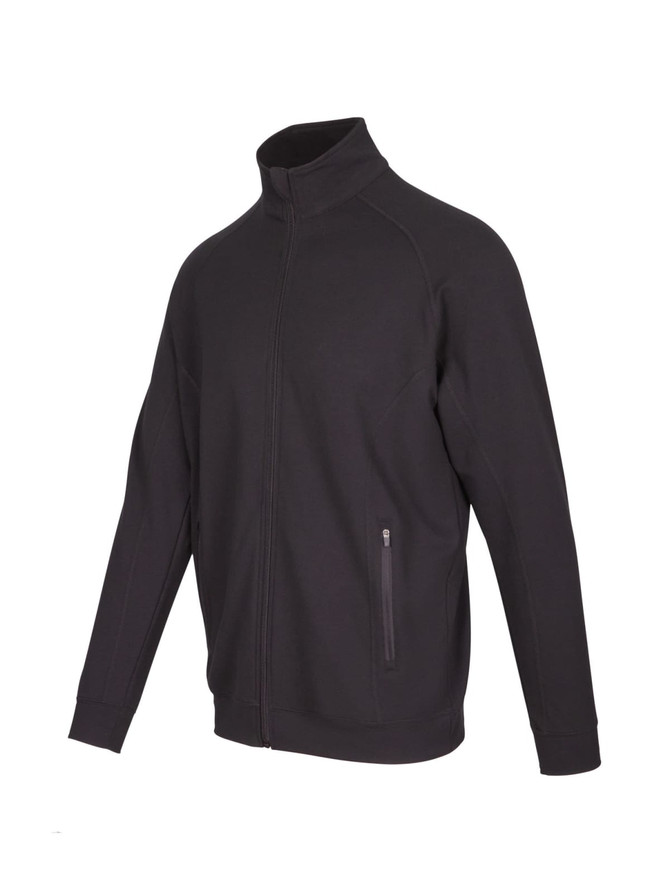 A black jacket with a high collar and zippered pockets, featuring a logo on the front.