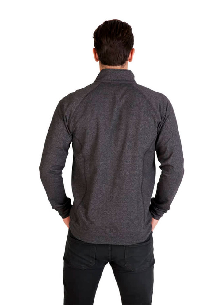 A man's heather jacket in dark grey, featuring a fitted design and a logo on the back.