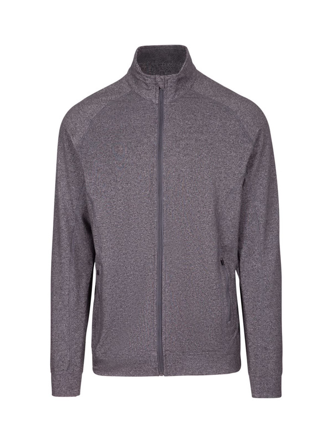 A grey heather jacket featuring a zip-up front and a collar, with a logo present on the design.