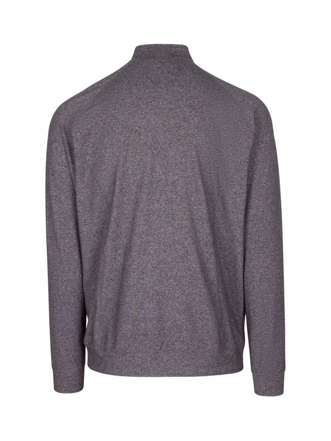 A heather grey jacket with long sleeves and a high collar, featuring a logo on the back.