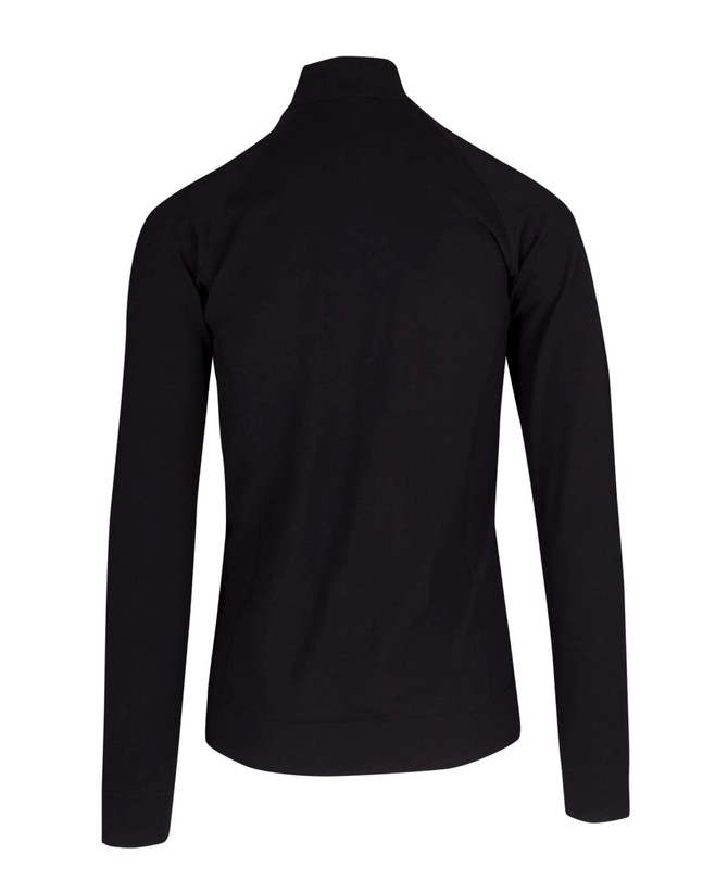 A black jacket with a high collar and long sleeves, featuring a logo on the back.