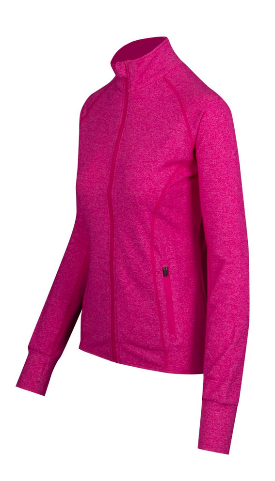 A pink heather jacket with a zip front, long sleeves, and side pockets, featuring a logo.