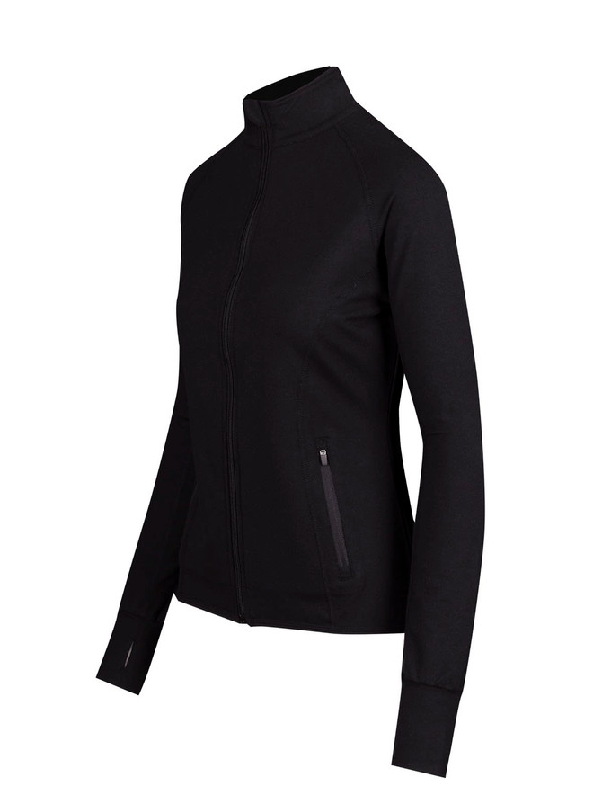 A black women's jacket with a zip-up front, long sleeves, and side pockets, featuring a logo.