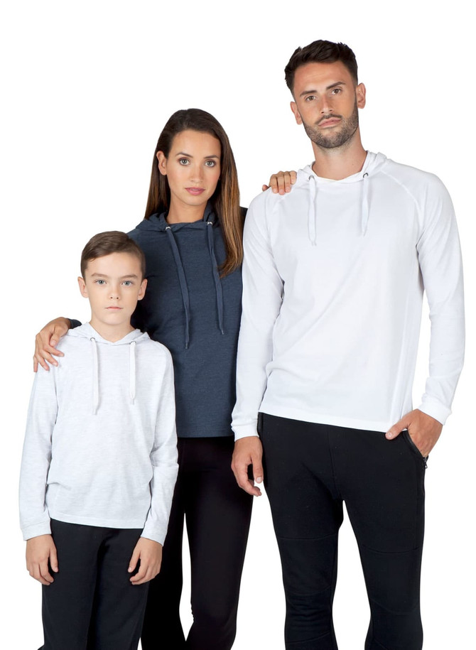 A white unisex hoodie and a dark grey hoodie worn by a woman and two children, with a logo on the clothing.