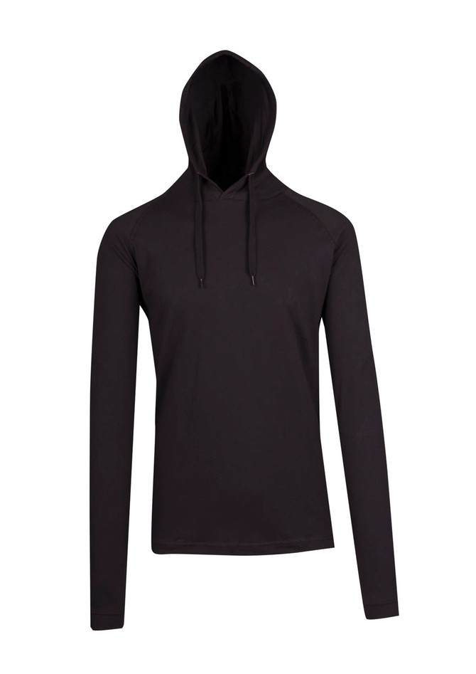 A black unisex FUSION T-shirt hoodie with long sleeves and a hood, featuring a simple design.