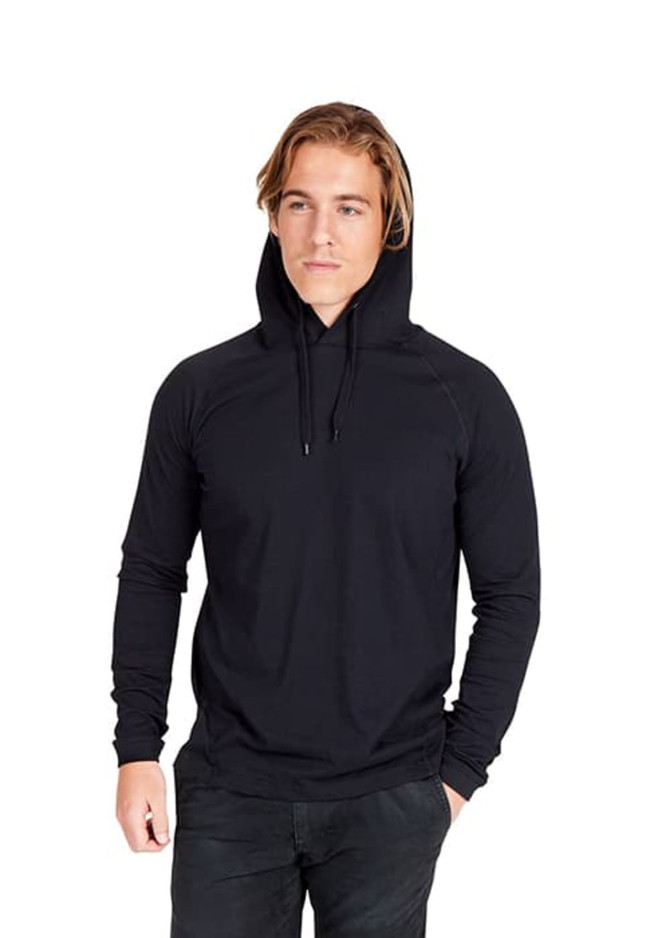 A black unisex fusion T-shirt hoodie with a relaxed fit and drawstring hood. Features a branding logo.