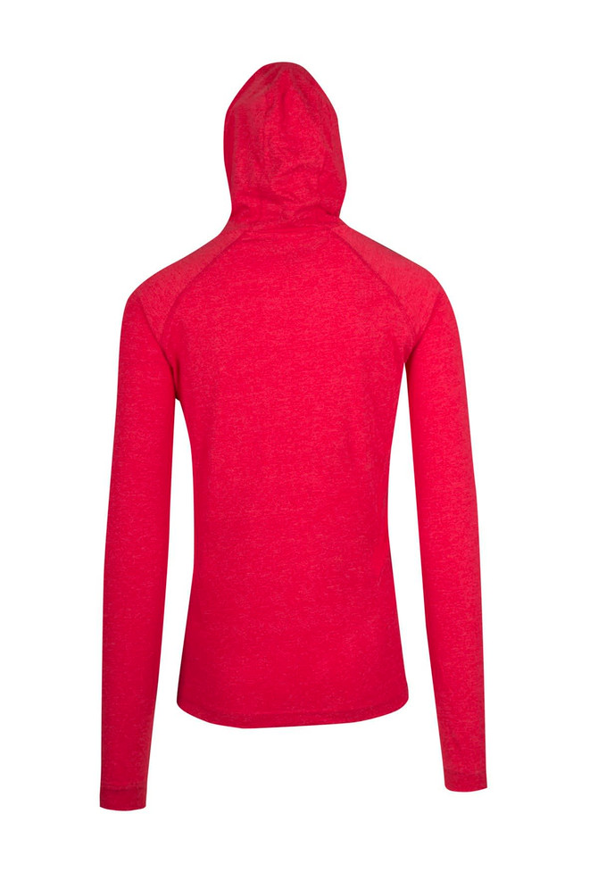 A red unisex hoodie with a fitted design and a hood, featuring long sleeves and a seamless back.