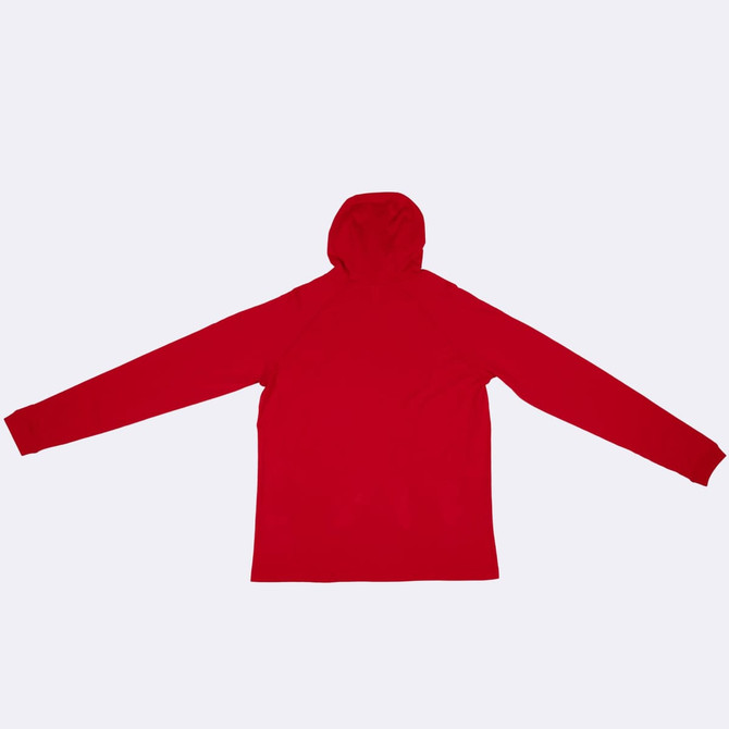 A red unisex hoodie with a hood and long sleeves, featuring a simple design and a branding logo.