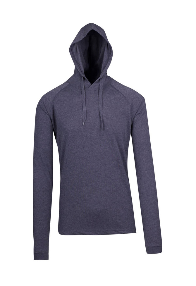 A grey unisex FUSION T-shirt hoodie with a hood and long sleeves. Features raglan sleeves and a logo.
