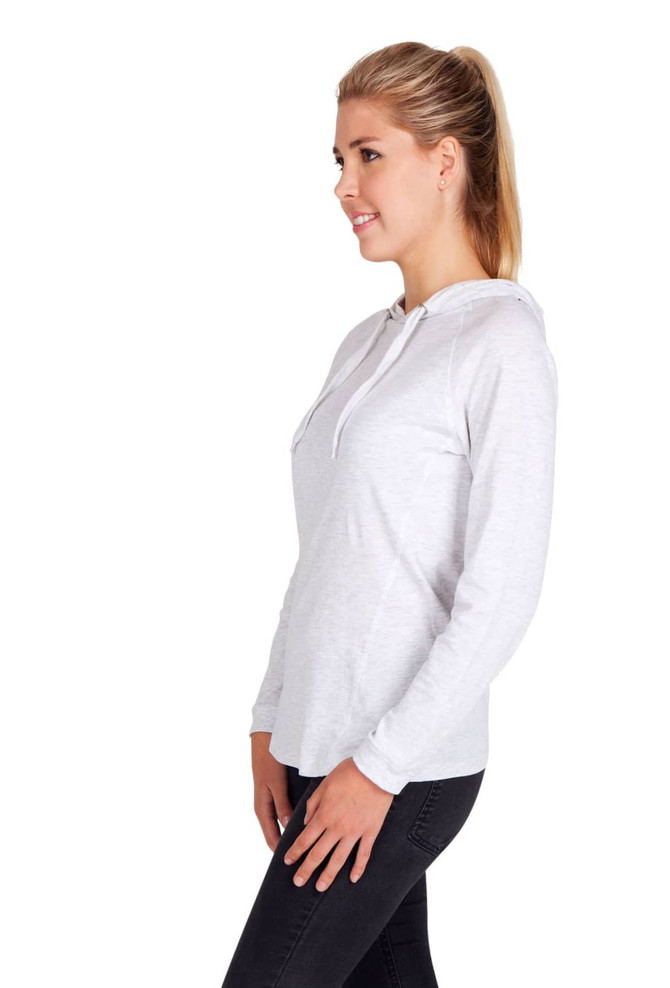 A woman in a light grey T-shirt hoodie, styled with a front zipper and attached hood, standing sideways.