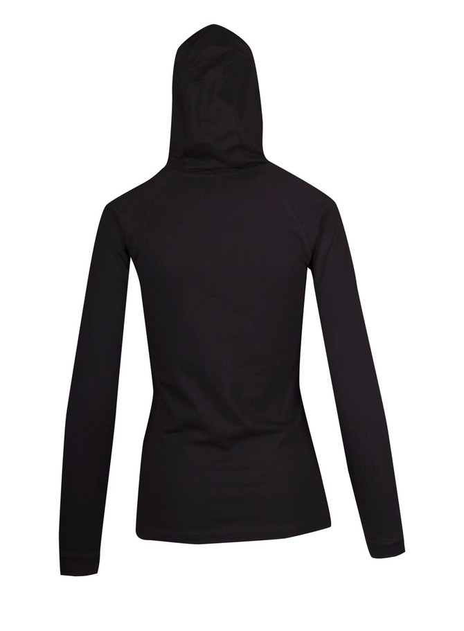 A black women's fusion T-shirt hoodie featuring a fitted design and a hood, displaying the back view.