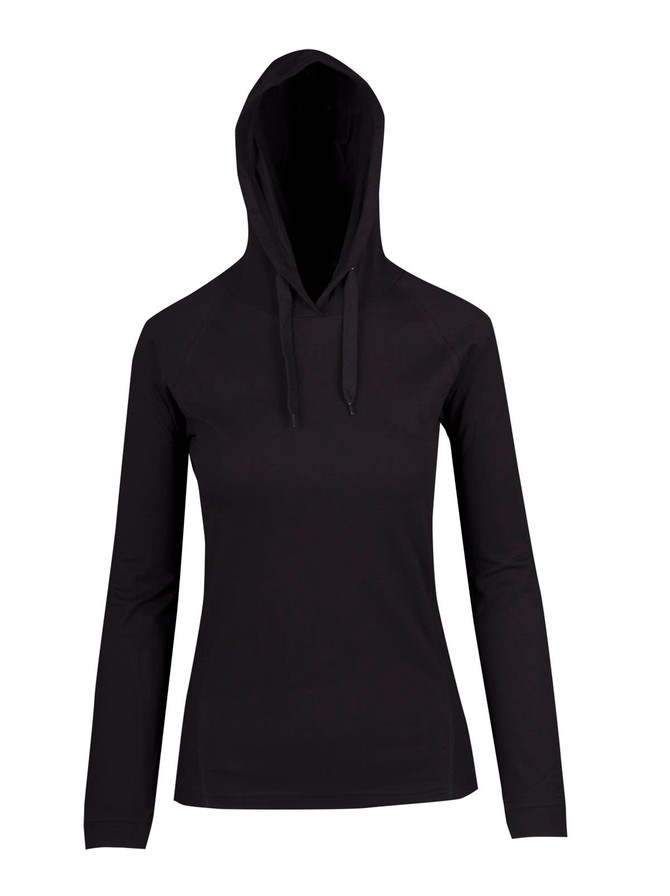 A black women's fusion T-shirt hoodie featuring a hood and long sleeves, with a logo on the front.
