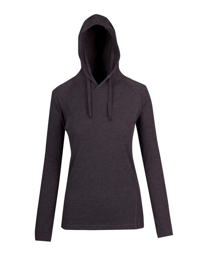 A dark grey women's fusion T-shirt hoodie with a hood and long sleeves, featuring a logo.