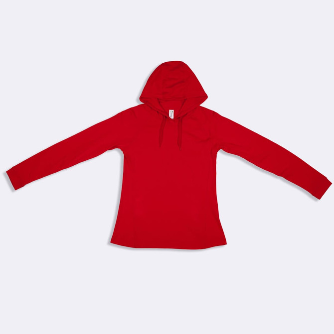 A red women's fusion T-shirt hoodie with long sleeves and a hood. It features a logo on the front.