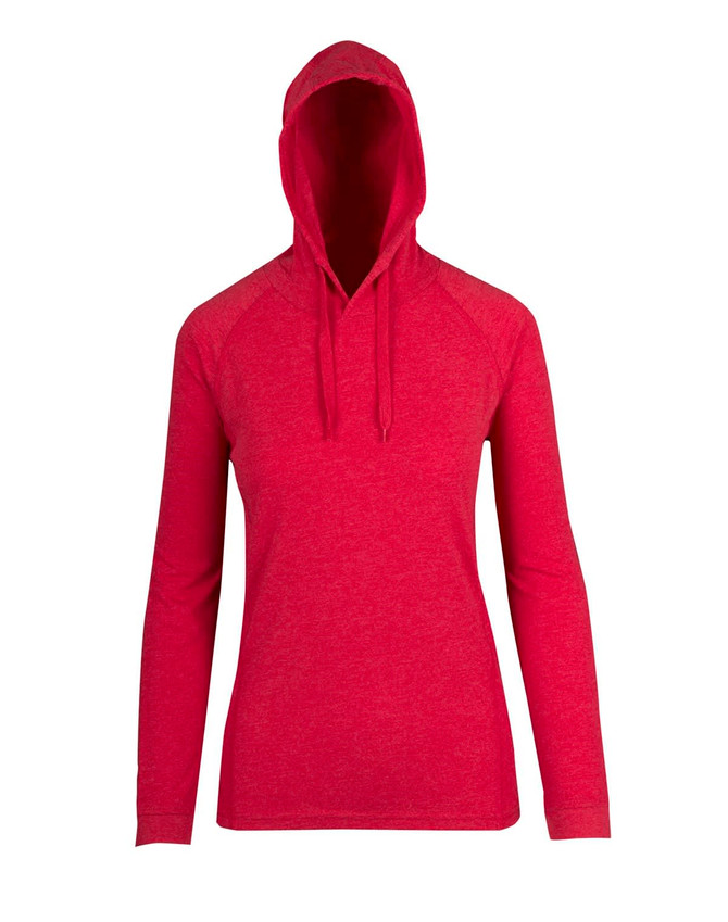 A red women's fusion T-shirt hoodie with a hood and long sleeves. It features a logo on the chest area.