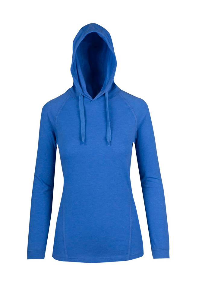 A blue women's fusion T-shirt hoodie with a front pocket and adjustable drawstrings on the hood.